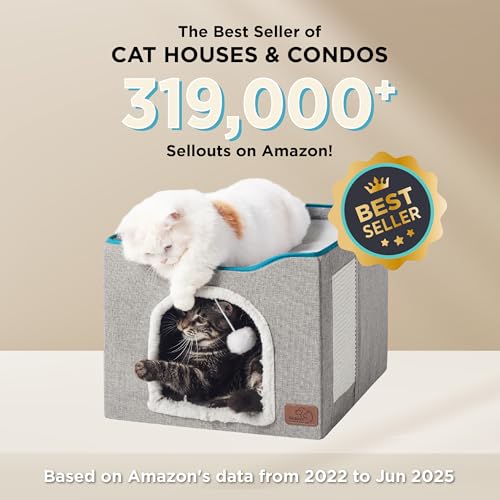 Cat House Bed for Indoor Cats with Fluffy Ball and Scratch Pad (Dark Grey / Single)