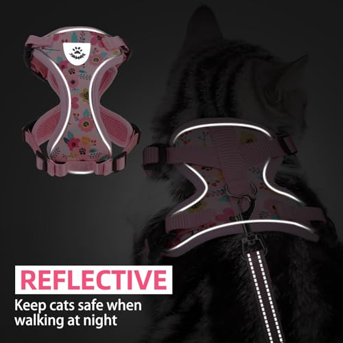 Cat Harness and Leash Set Escape Proof Reflective Cat Walking Harness Adjustable Soft Breathable Mesh Vest for Small Pets (M (NECK 11"-13.7", CHEST 16"-20") / Pink Flowers)