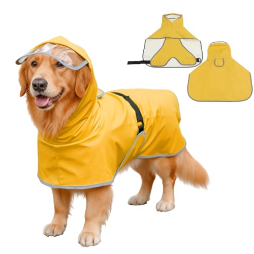 Dog Poncho Hooded Raincoat for Puppies & Small to Large Dogs (Yellow / Large)