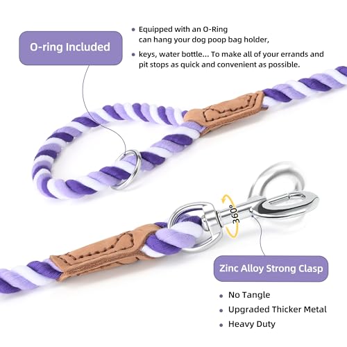 Rainbow Dog Leash Braided Cotton Rope w Leather (Purple Gradient / 48 Inch-1/2")