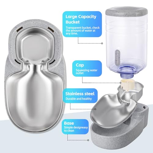 Automatic Cat Feeder and Water Dispenser with Stainless Steel Bowl Gravity Food Feeder and Waterer Set for Small Medium Dog Puppy Kitten 1 Gallon x 2 (Stainless Steel-Grey)