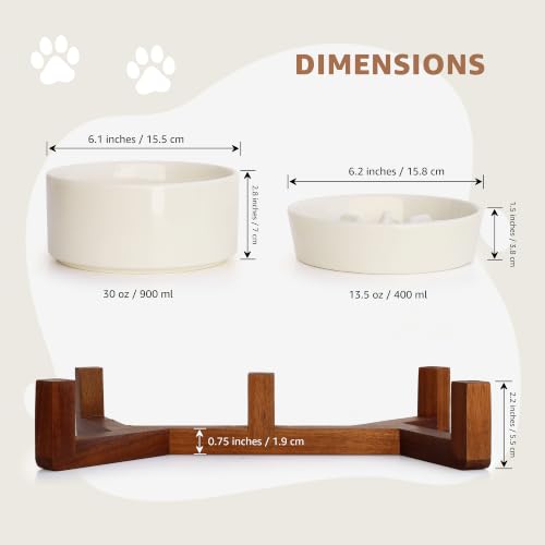 WHUD Elevated Ceramic Dog Bowls with Wooden Stand for Small to Medium Sized Dogs