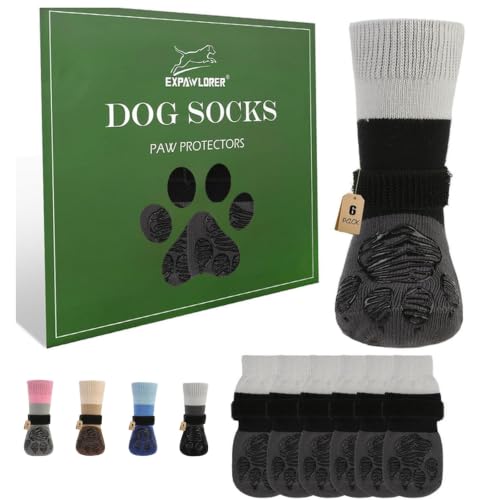Non Slip Dog Socks for Hardwood Floors to Prevent Licking Paw L (Large(6 Pack) / Grey)