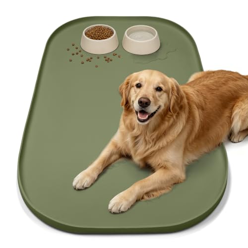 Waterproof Silicone Pet Food Mat with Raised Edge for Dog & Cat (Light Olive Green / 36"L x 24"W)