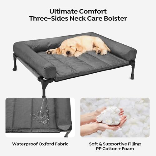 Outdoor Elevated Dog Bed with Waterproof Bolster Cushion (Black Silver / 32.0"L x 25.0"W x 7.0"Th)