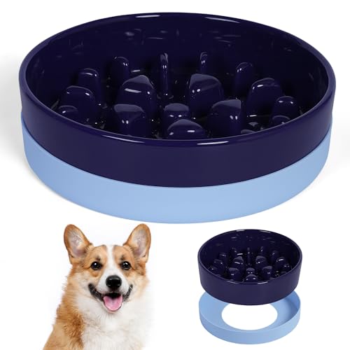 Ceramic Slow Feeder Dog Bowls with Silicone Base (Medium-8 inches / Blue)