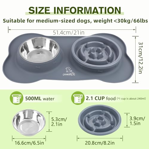 Slow Feeder Dog Bowls to Slow Down Eating (Large-2 Cup/17 oz each / Grey)