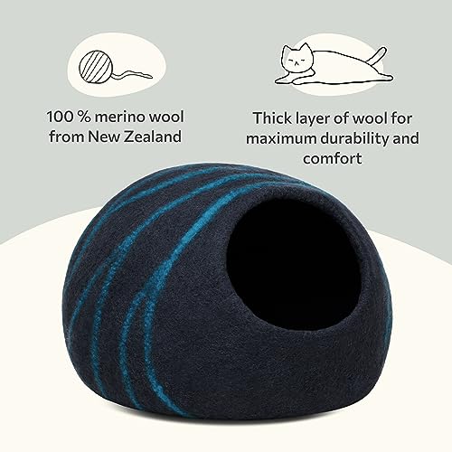 Cat Cave Merino Wool Bed for Indoor Cats (Black Aqua, Large)