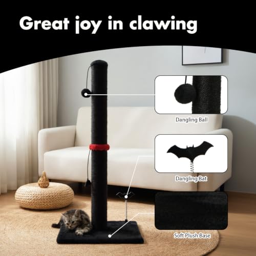 Cat Scratching Post Premium Sisal Scratch Posts with Hanging Ball Vertical Scratcher for Indoor Cats and Kittens (34 inches for Adult Cats / Black)