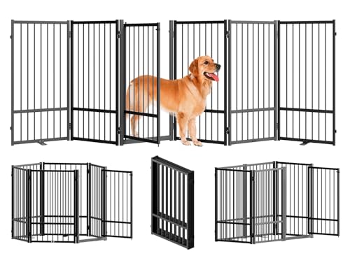 Full Metal Freestanding Dog Gate with Door (【6 Panels】120"W*32H" / Black)