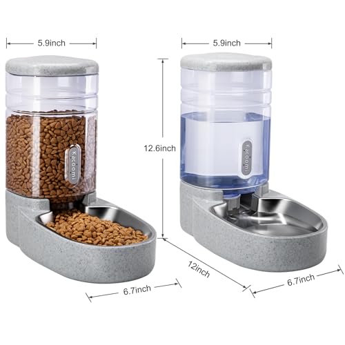 Automatic Cat Feeder and Water Dispenser with Stainless Steel Bowl Gravity Food Feeder and Waterer Set for Small Medium Dog Puppy Kitten 1 Gallon x 2 (Stainless Steel-Grey)