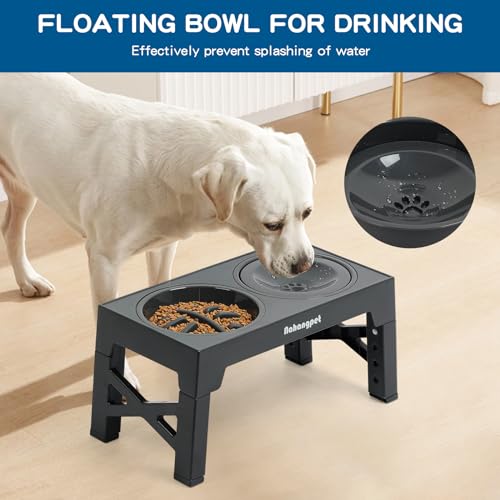 2-in-1 Elevated Slow Feeder Dog Bowls for Food and Water, 5 Heights Adjustable Raised Dog Bowls, Non-Slip, No Spill, for Small Medium Large Dogs and Cats(Grey) (Grey)