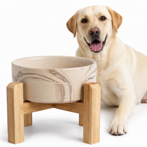 Elevated Ceramic Dog Bowl with Bamboo Stand (Marble Brown / 7.6Cup)