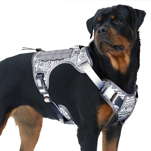 Tactical Dog Harness for Large Dogs (Tribal Patterns-Grey / XL(Neck:20-31",Chest:26-42"),75-135 lbs)