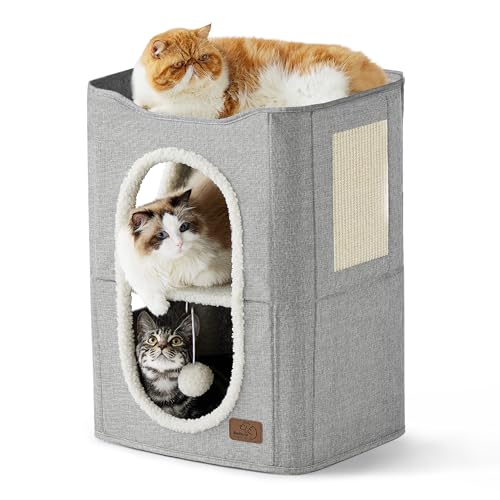 2 Story Cat House for Indoor Cats with Scratch Pad (Grey / Double)