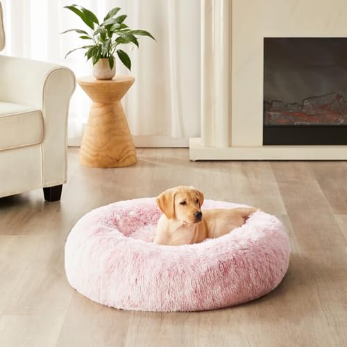 Large Pink Round Calming Dog Bed Cat Bed for Comfy Sleep (45"L x 45"W x10"Th / light pink)