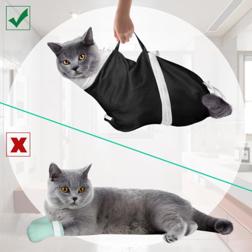 Cat Bathing Bag Kit Adjustable Mesh Cat Washing Bag with Nail Clippers Nail File Brush Comb Tick Remover Tool Pet Grooming Bag for Cats and Small Dogs (Black+Green)