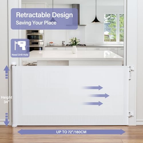 Retractable Baby Gates for Stairs & Doorways (A-white / 34" Tall x 72" Wide)