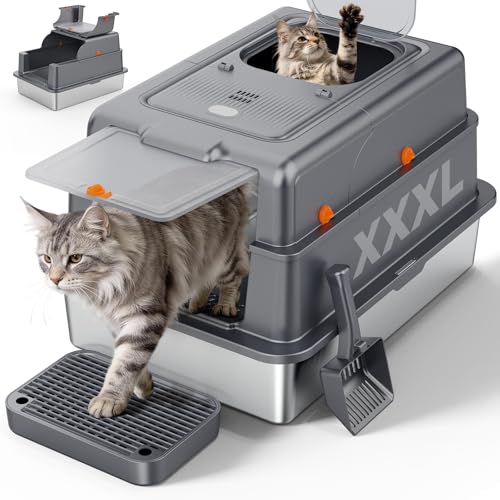 XXXL Extra Large Enclosed Stainless Steel Litter Box with Lid (XXX-Large / Grey)