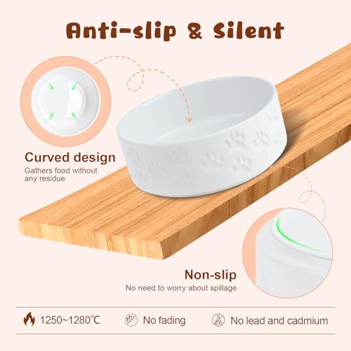 Ceramic Elevated Dog Bowl Set with Acacia Wood Stand for Food and Water for Medium Dogs (42.27 Oz / Dog Paw White)