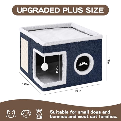 Large Cat Houses for Indoor Cats with Fluffy Ball and Scratch Pad (SingleAB / Large)