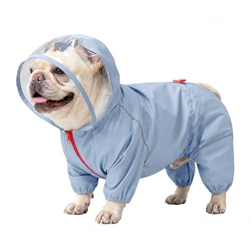 Dog Raincoat Rain Jacket with Clear Hood and Broad Chest Fit (Blue / Medium)