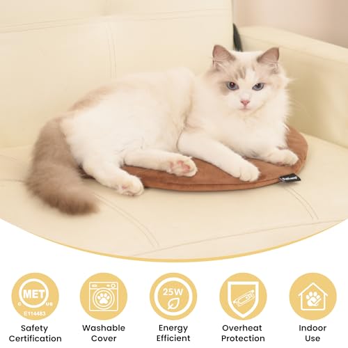 Pet Heating Pad for Cats Dogs Indoor & Sheltered Outdoor Waterproof Heated Cat Bed Heated Dog Bed Chew Resistant Cord Constant Temperature Electric Warming (Brown / Round: 16" x 16" x 1.3")