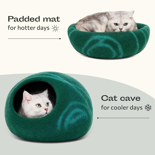 Cat Cave Merino Wool Bed for Indoor Cats (Emerald / Medium)