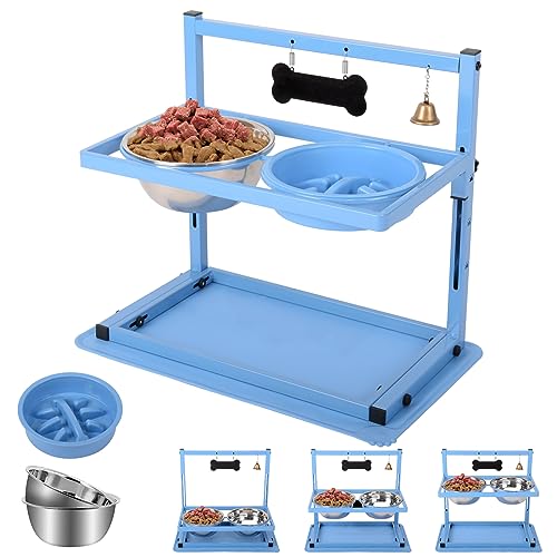 Blue Raised Dog Bowl Stand with Two 1700ml Stainless Steel Food Bowl (Blue - Slow Bowl & Mat / Large Dogs)