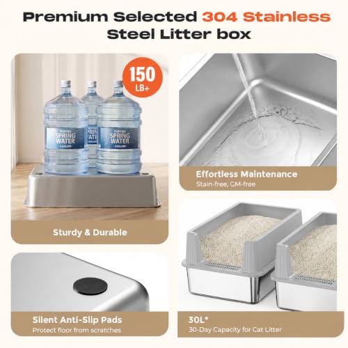 XL Stainless Steel Cat Litter Box with Lid and Scoop (Light Gray)