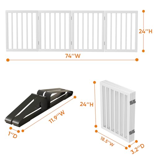 37 74" Wide Dog Gate 4 Panel Dog Gates for Stair Doorways House Indoor Freestanding Pet Gates for Dogs (Bamboo Dog Gate White / 4 Panel - 74 inches Wide)