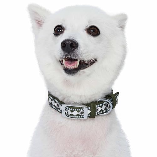 Reflective Jacquard Dog Collar with Neoprene Padding & Metal Buckle (Large / Metal Buckle-Olive)
