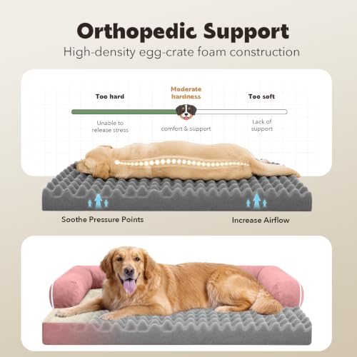 Orthopedic Waterproof Jumbo Dog Bed with Bolster for Extra Large Dogs (53.0"L x 42.0"W x 8.0"Th / Pink)