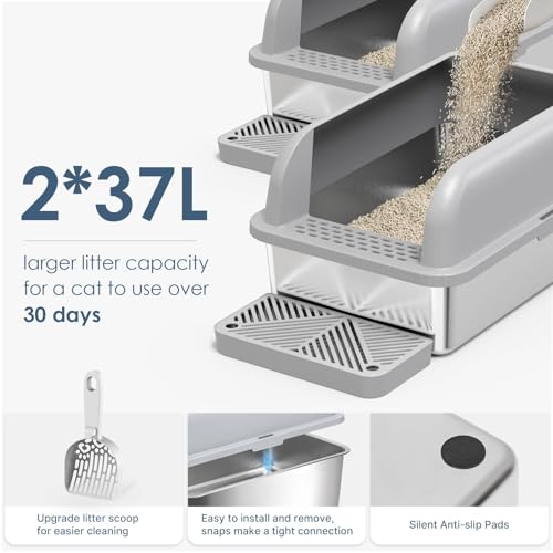 2 Pack XL Enclosed Stainless Steel Cat Litter Box for Multi (2PK Light Grey / Large)