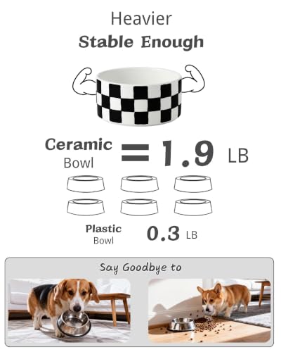 Ceramic Dog Bowl Set of 2 with Wood Stand (M-3.5 Cups / 01-Checkerboard & Stripe)