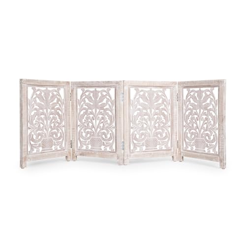 Lightnpro 4 Panel Carved Wooden Dog Gate with Stopper (White Wash / 24x72 - Milo)