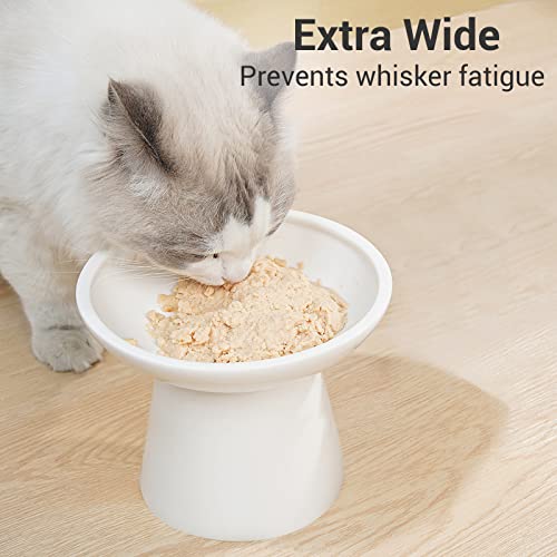 2 Pack Extra Wide Elevated Ceramic 6.2" Shallow Cat Food Bowls (White-2 Food Bowl)