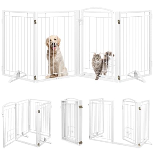 Full Metal Freestanding Dog Gate with Cat Door for Indoor & Outdoor (White / 【4 Panels with Door】80"W×32"H)