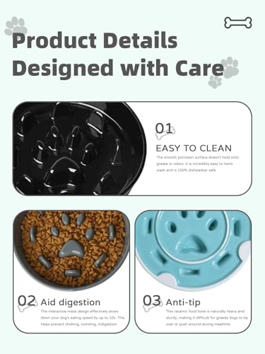 Ceramic 1.5 Cup for Small & Medium Breeds Slow Feeder Dog Bowl (Black)