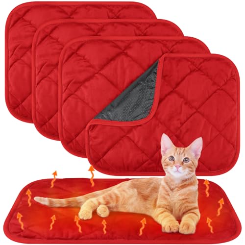 4 Pack Self Heating Cat Pad Self Warming Dog Mat Reflects Body Heat Extra Warm Thermal Pet Pad Washable Dog Cat Bed Crate Bed Mat Blanket (16 x 20 Inch / Red)