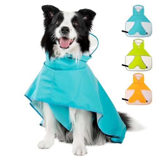 Dog Raincoat Dog Rain Jacket Poncho with Hood and Leash Hole (Neon Blue / 5XL(55-66lbs))