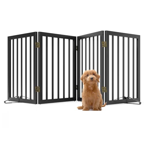 Black 37 74" Dog Gate Foldable Dog Gates for Doorways Stairs House Freestanding Pet Gate Puppy Barries 24 inches Tall (Bamboo Dog Gate Black / 4 Panel - 74 inches Wide)