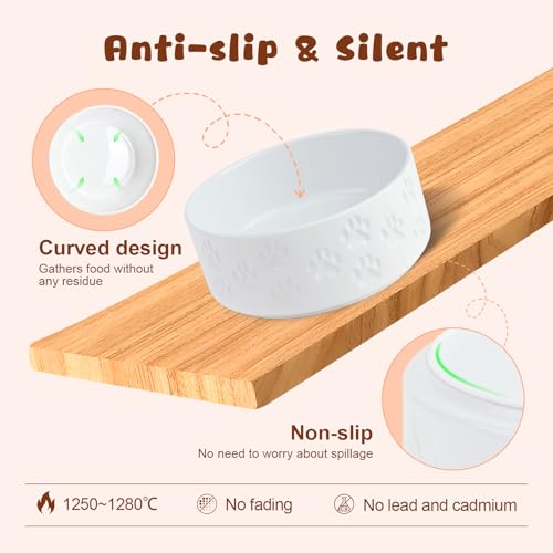 Ceramic Elevated Dog Bowl Set with Acacia Wood Stand for Food and Water for Small Medium Sized Dogs (28.74 Oz / Dog Paw White)
