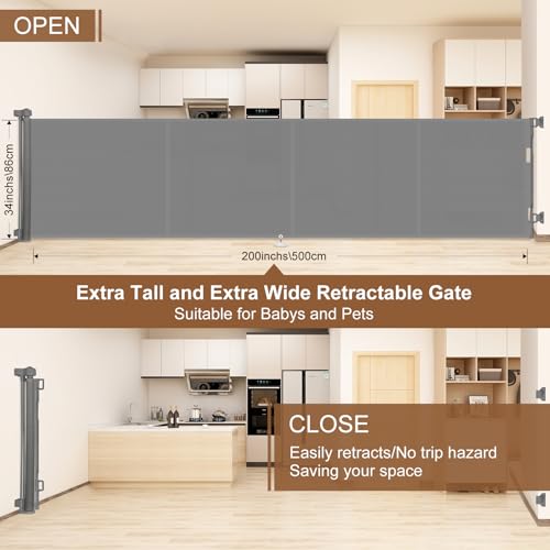 200 inch Reinforced Retractable Baby Gates 37 inch Tall (Gray / 37" Tall x 200" Wide)