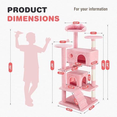 54 Inch Cat Tree Tower with Natural Sisal Scratching Post (Pink / 54IN)