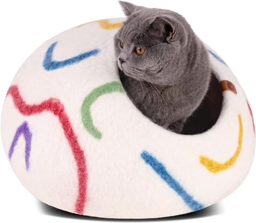Cat Cave Merino Wool Bed for Indoor Cats (Ivory Rainbow / Large)