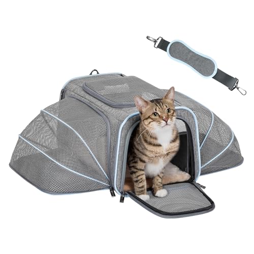 Small Double Expandable Cat Carrier for Kittens and Air Travel (16.0"L x 10.0"W x 9.0"H / Light Grey)