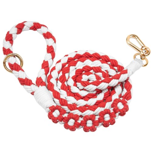 5FT Braided Cotton Rope Leash for Small (Red and white)