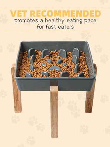 Square Ceramic Dog Slow Feeder Bowls (Grey / M-1.8 Cups+Stand)