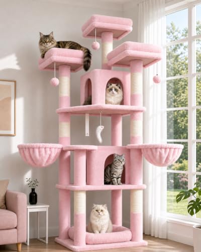 Big XL Cat Tower for Indoor Multiple Cats (Pink / 68 inch)